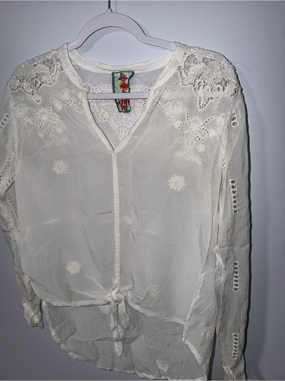 Johnny Was Heidine Tie-Front Embroidered Blouse White